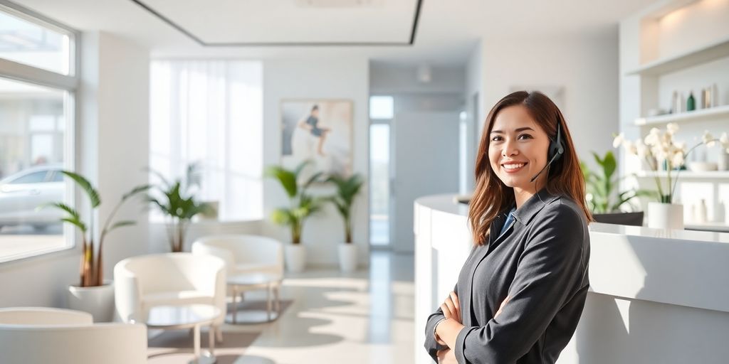 Cosmetic clinic reception with a friendly receptionist answering phone.