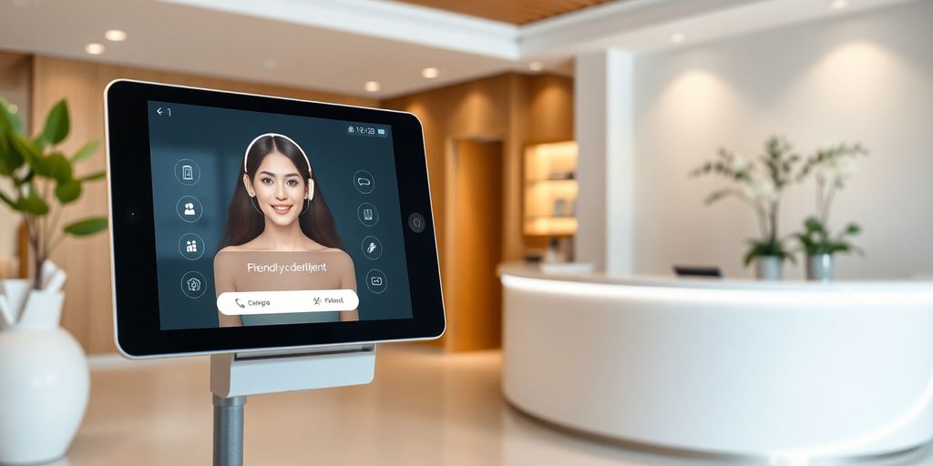 Cosmetic clinic reception with patient using AI phone.