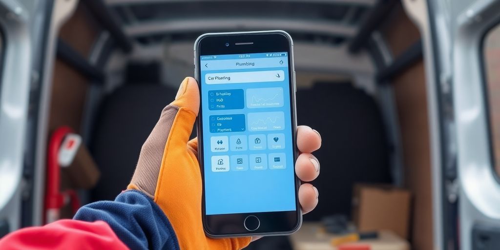 Plumber using AI answering service on phone.
