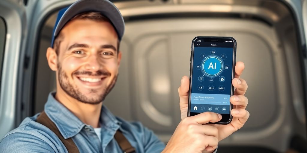 Plumber using a smartphone with AI assistant.