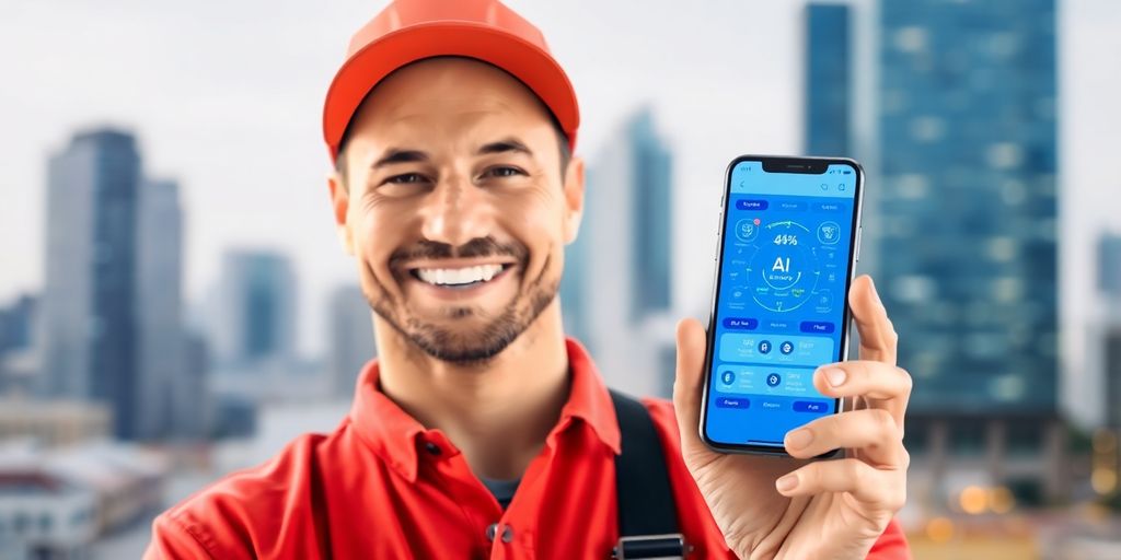 Plumber using AI phone service on smartphone