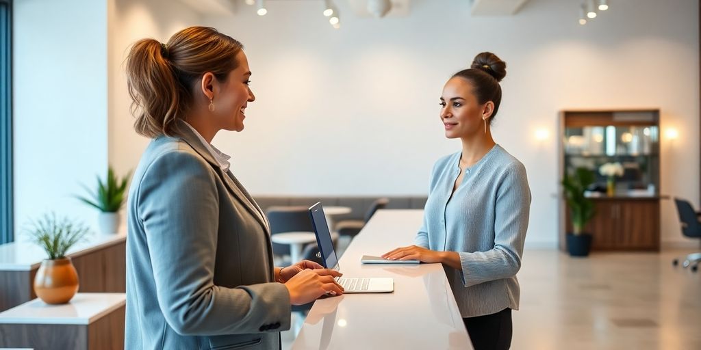 Woman smiles at a sleek, modern reception desk.