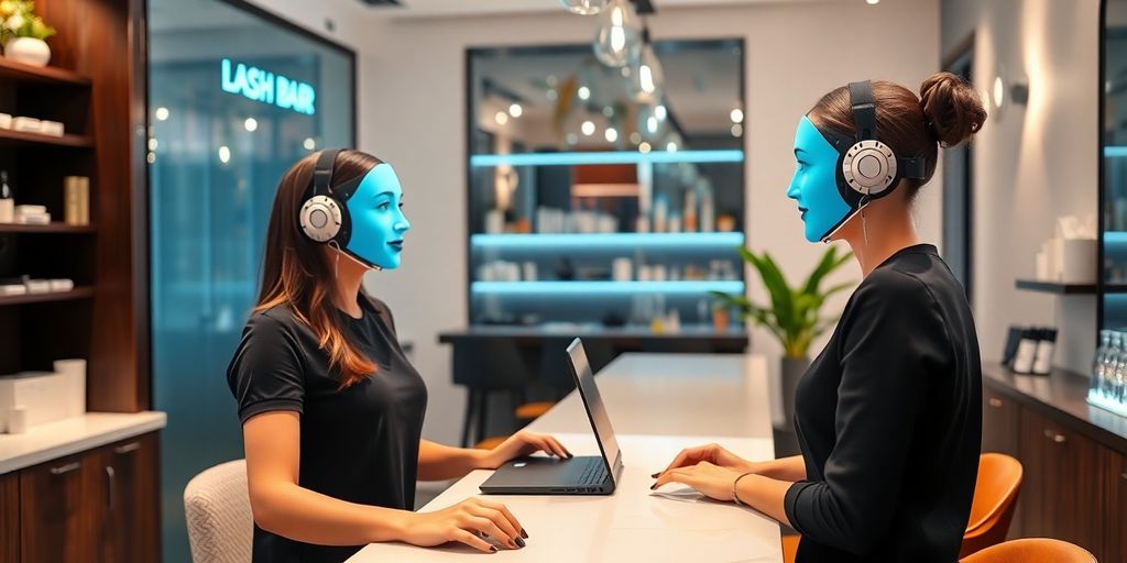 Lash bar receptionist smiles welcomingly.