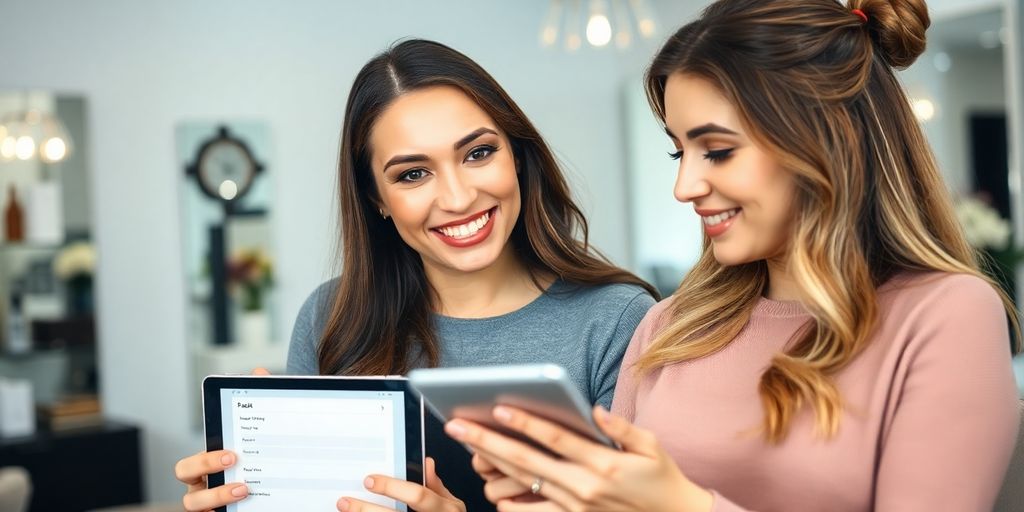 Lash artist smiles while client books appointment on tablet.
