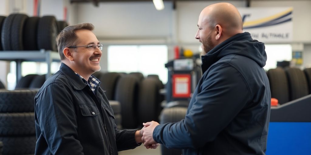 Tire shop owner smiling with a happy customer.