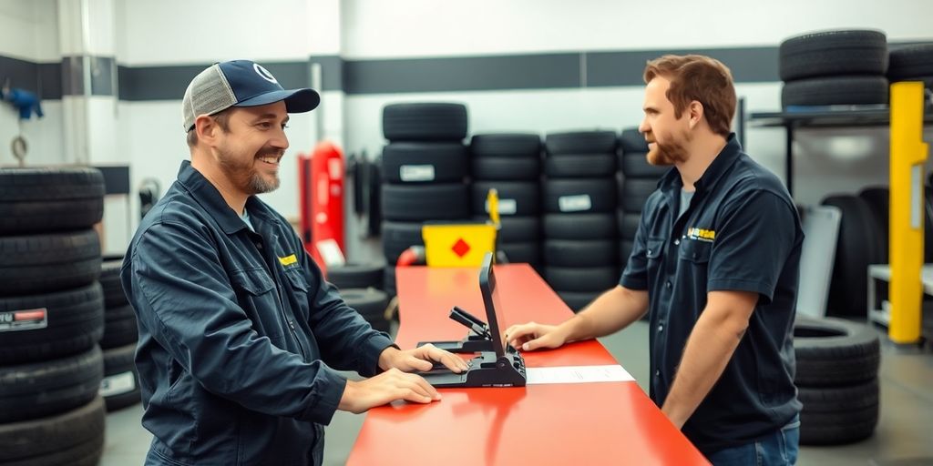 Tire shop worker helping a customer.