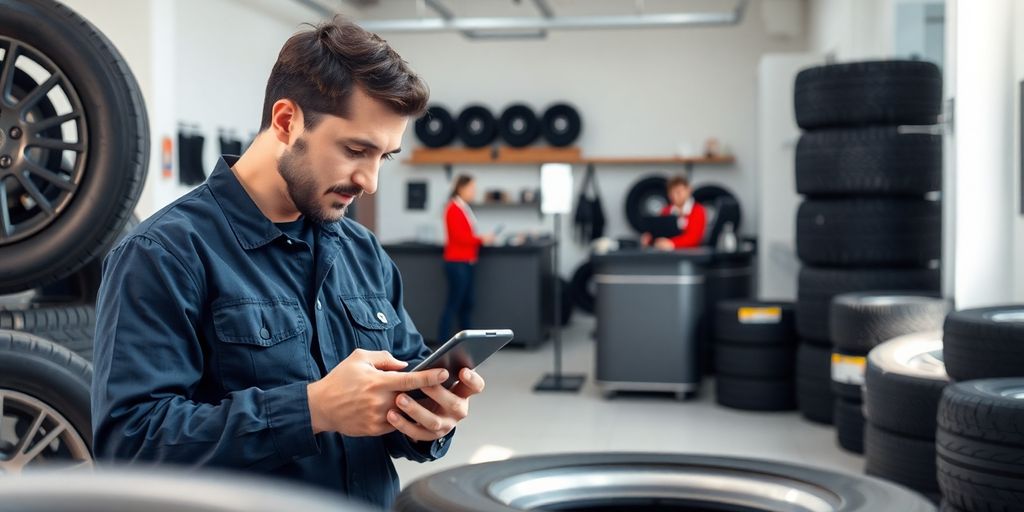 Tire shop owner smiling while talking on phone.