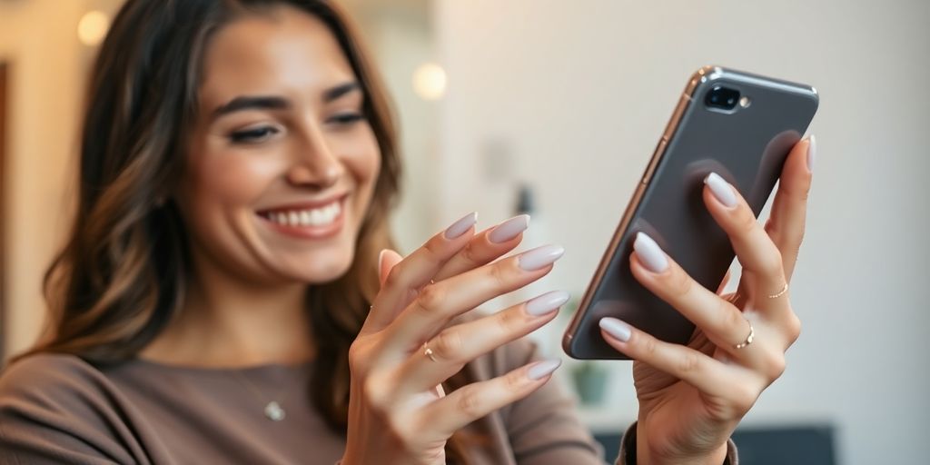 Woman smiling while scheduling appointment on phone.