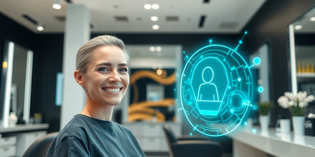 Hair salon client interacting with a futuristic AI interface.