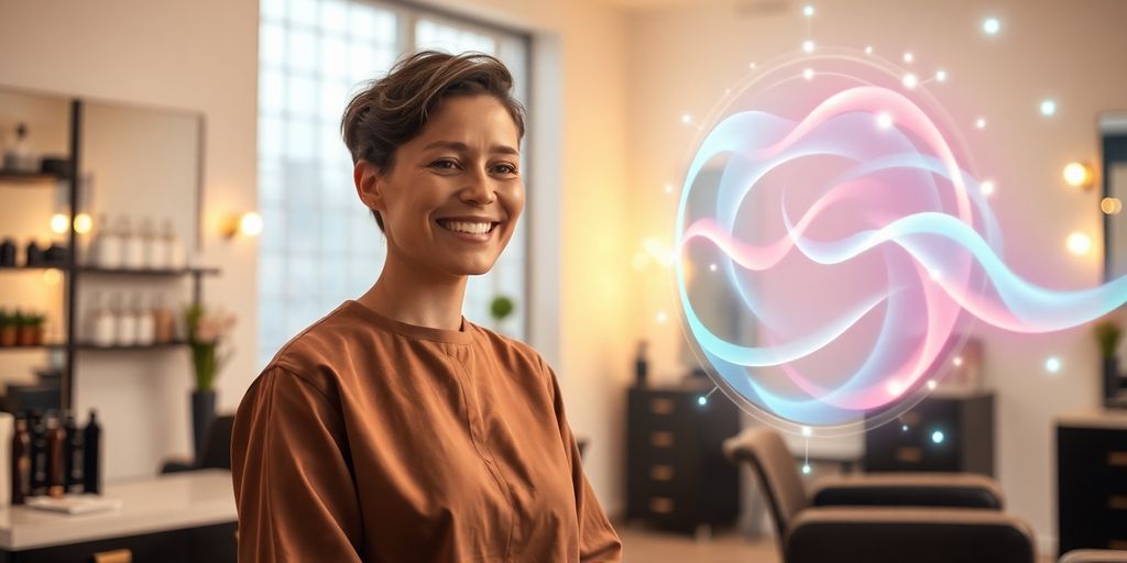 Hair salon interior with a person interacting with a holographic AI.