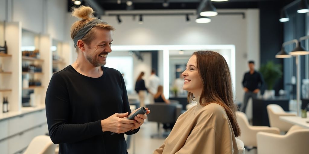 Stylist with happy client in modern salon.