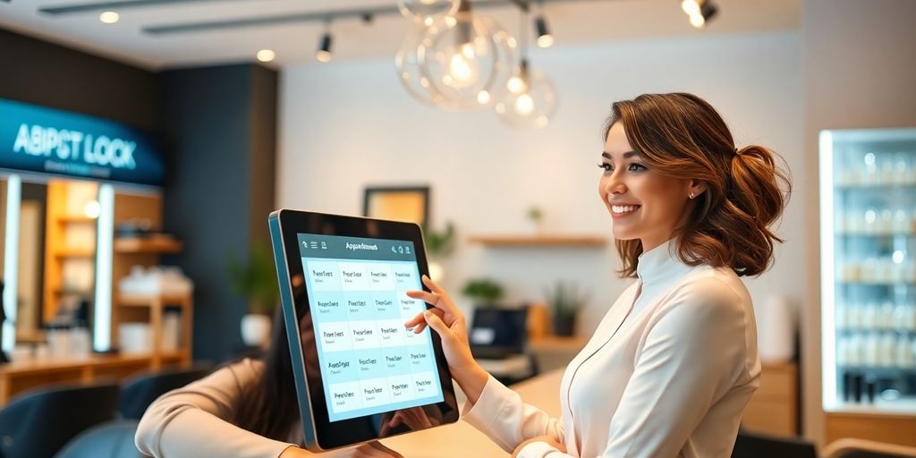 Salon receptionist smiling, interacting with a digital interface.