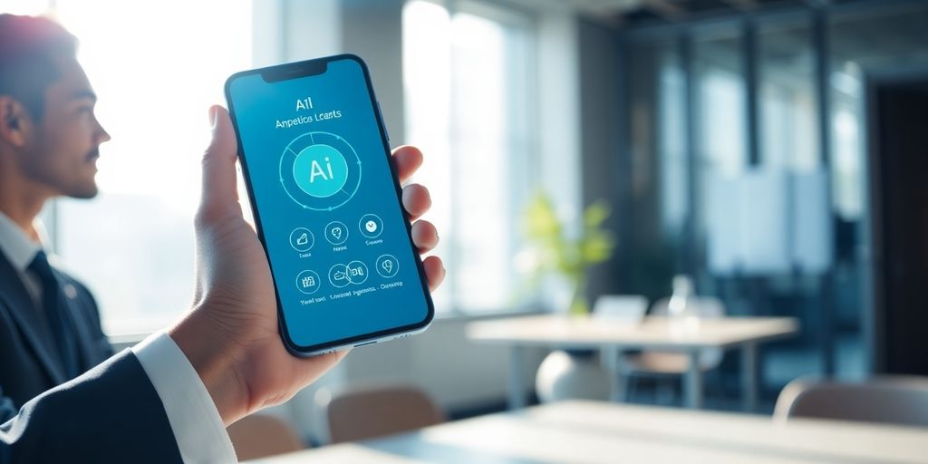 Lawyer using smartphone with AI assistant.