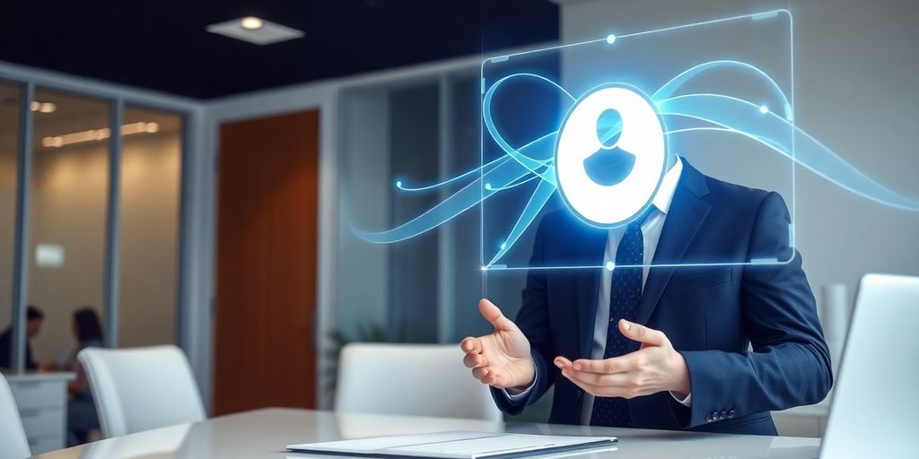 Lawyer using futuristic AI phone system.