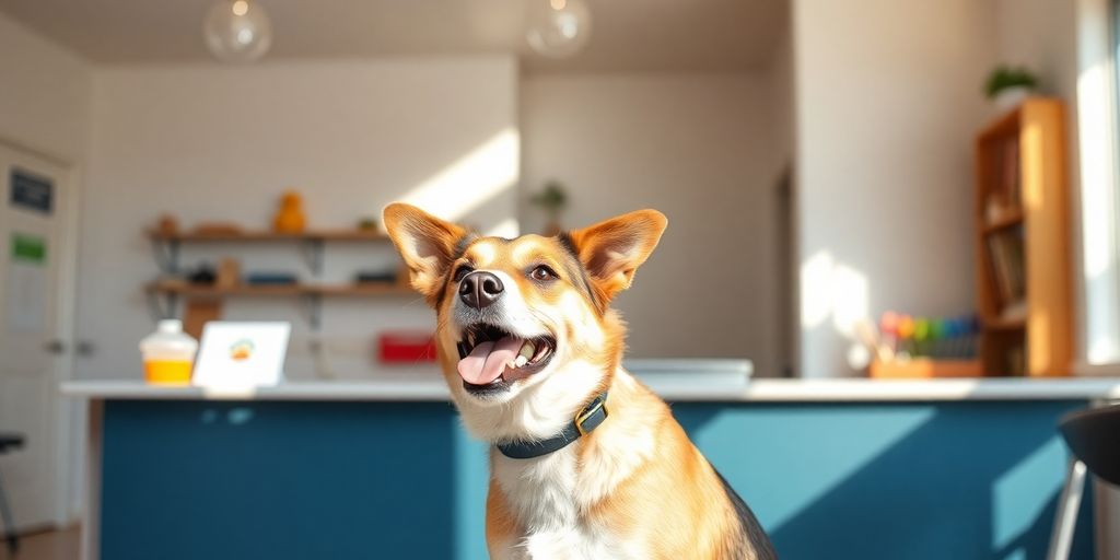 Happy dog at a daycare counter.