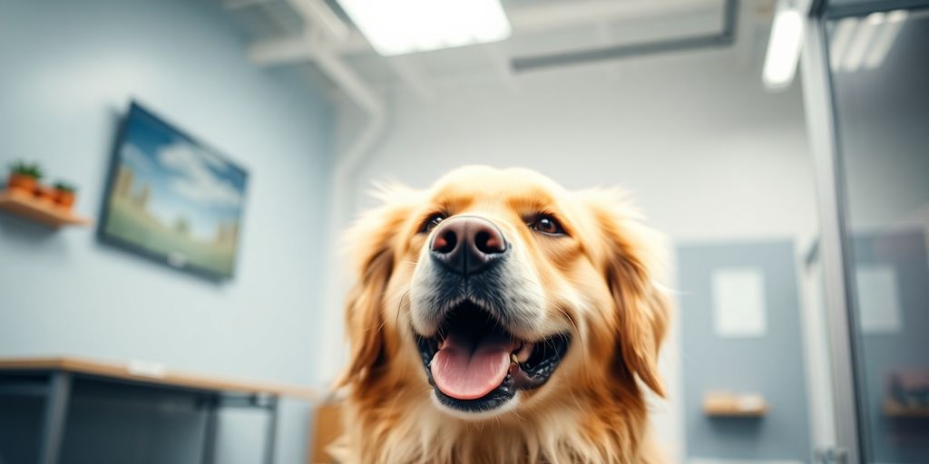 Happy dog at daycare interacting with AI.