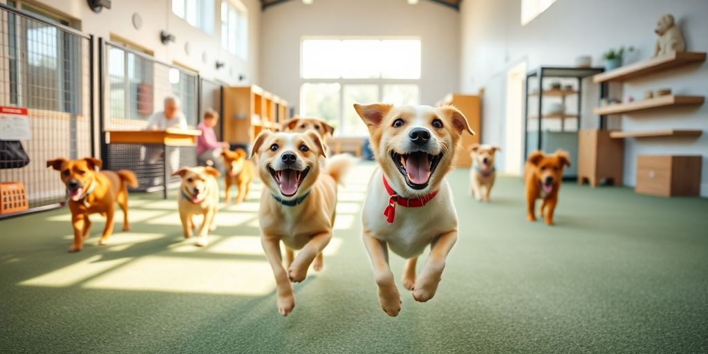 Happy dog playing in a bright, modern daycare.