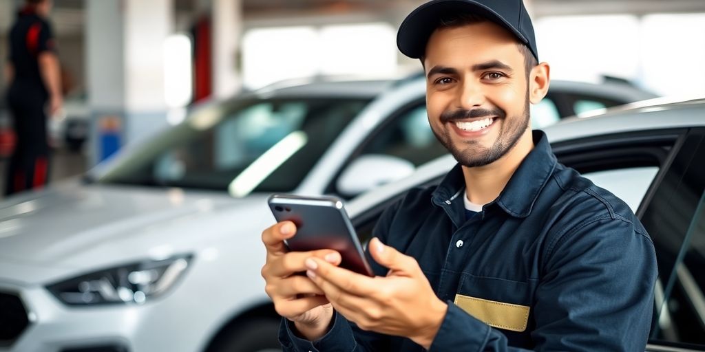 Car wash attendant smiling with smartphone