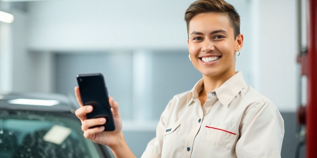Car wash attendant talking on a smartphone.