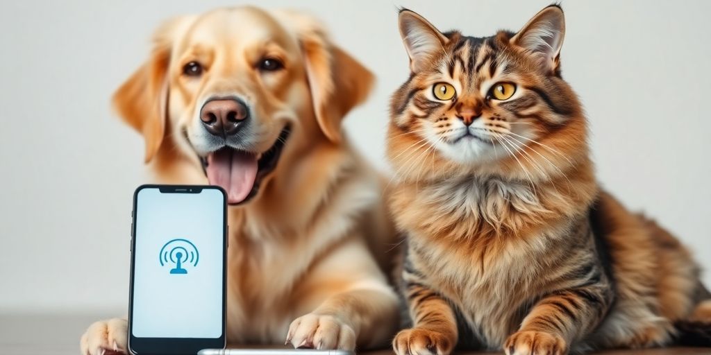 Happy dog and cat with smartphone for AI answering service.