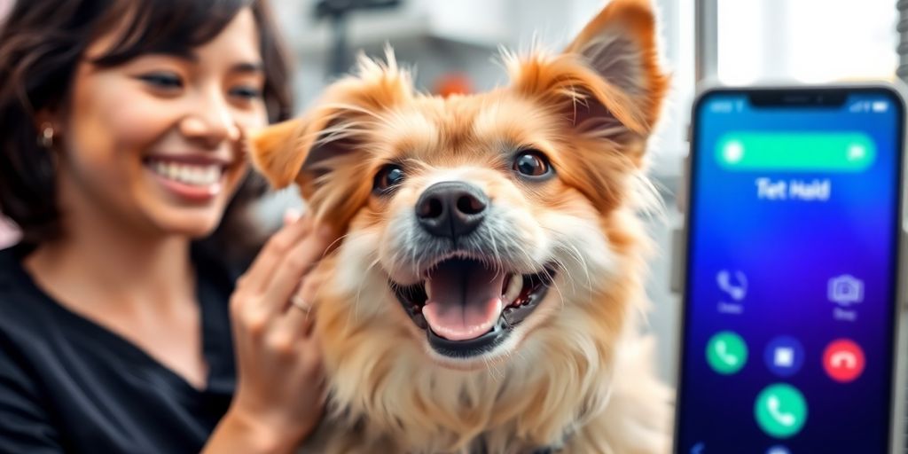 Happy dog getting groomed, assistant on phone.