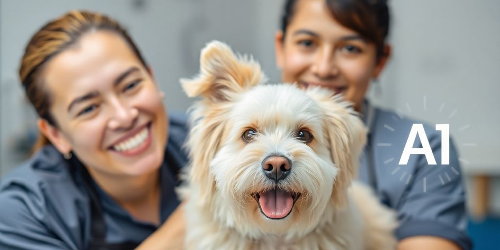 Groomer with happy dog, AI assistant icon.