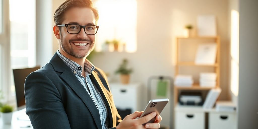 Tax preparer smiling with phone.