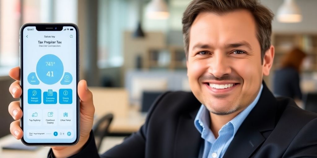 Tax preparer smiling next to AI phone.