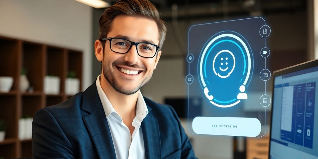 Tax preparer smiling while using AI phone answering service.