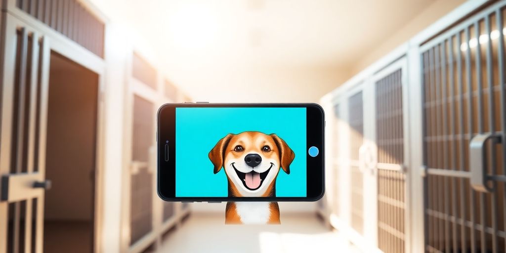 AI answering phone for happy dog in kennel.