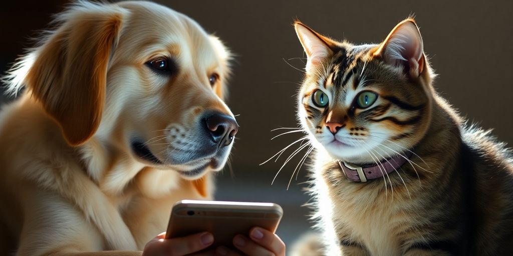 A dog and cat looking at a smartphone.