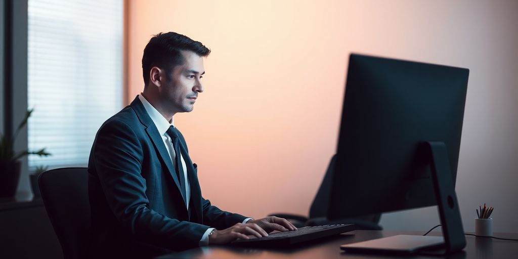 Lawyer focused at desk, AI answering calls.