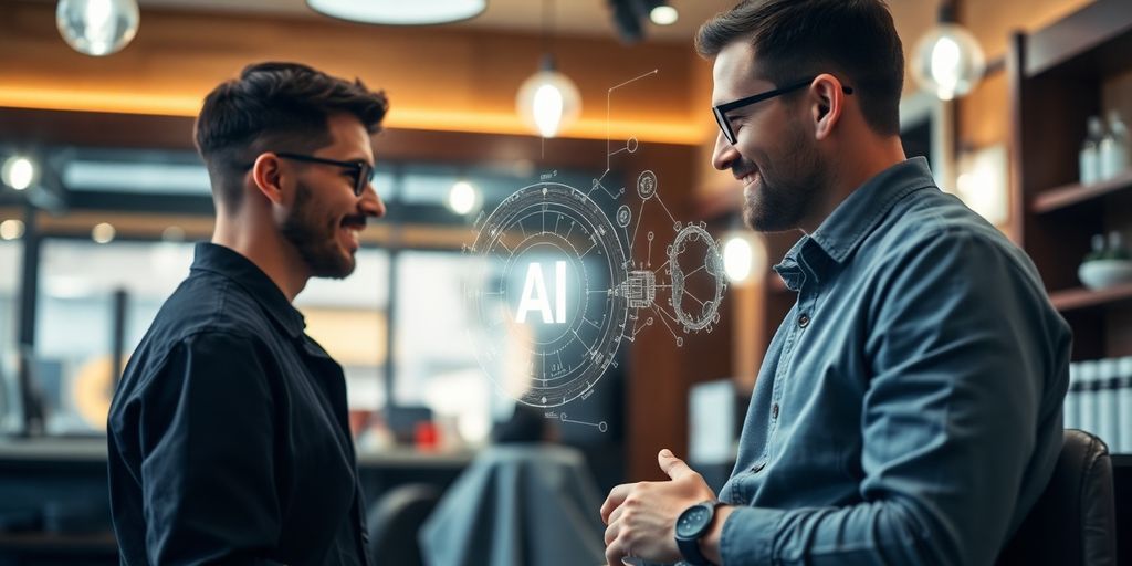 Barber with AI virtual receptionist headset smiling.