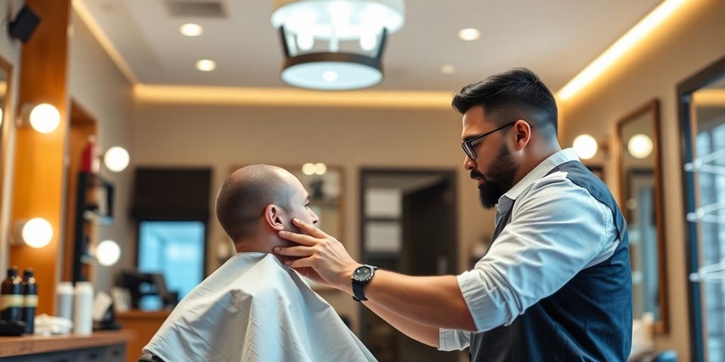 Barber cutting hair, AI interface in background.