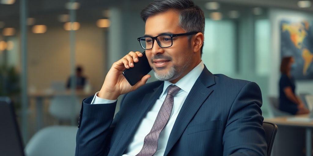 Lawyer talking on phone with diverse clients.