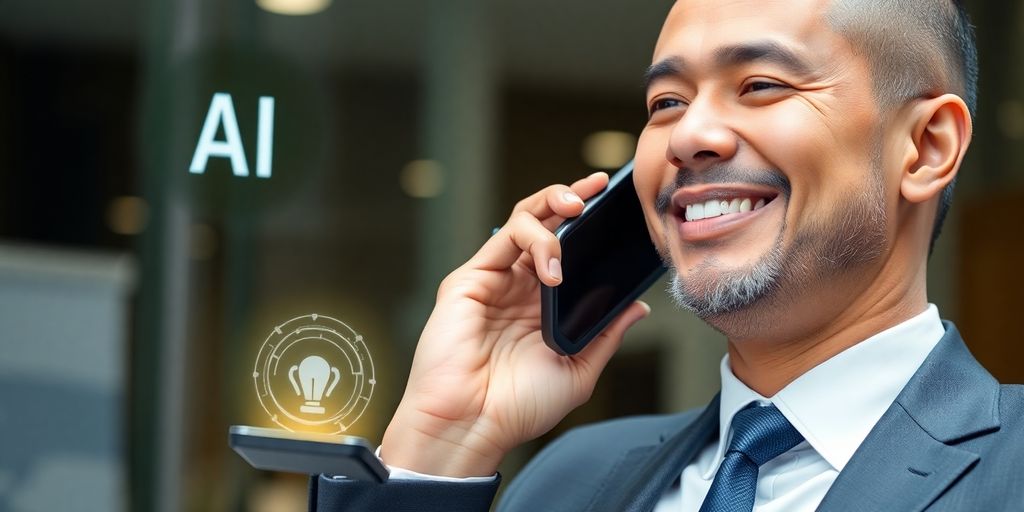 Immigration lawyer talking on phone with AI assistant icon.