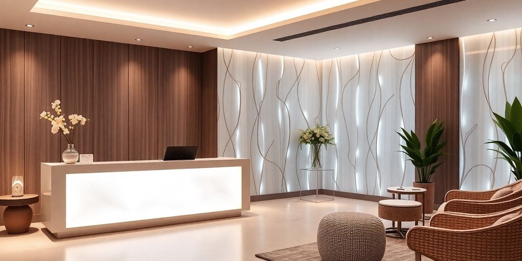 Spa reception desk with a digital interface.