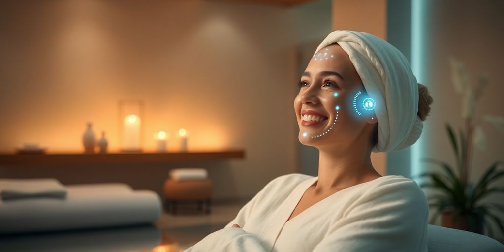 Spa client interacting with a holographic AI assistant.
