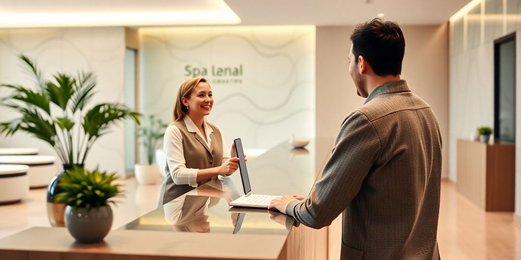 Spa receptionist assisting client.