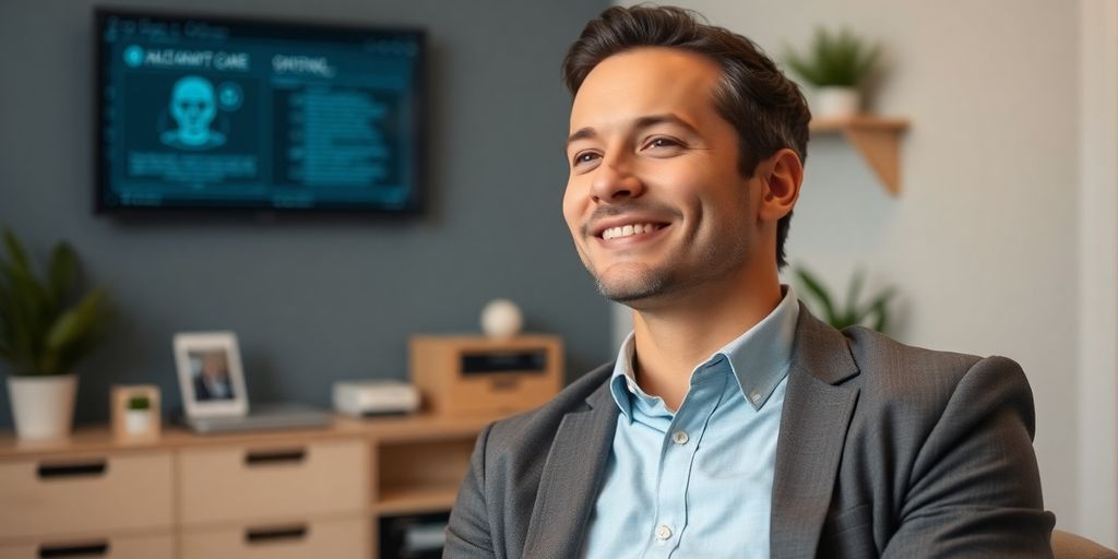 Chiropractor smiling while AI receptionist handles calls.