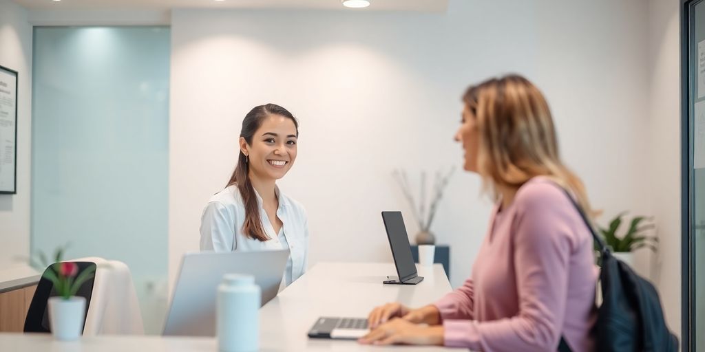 Receptionist assisting client at clinic desk.