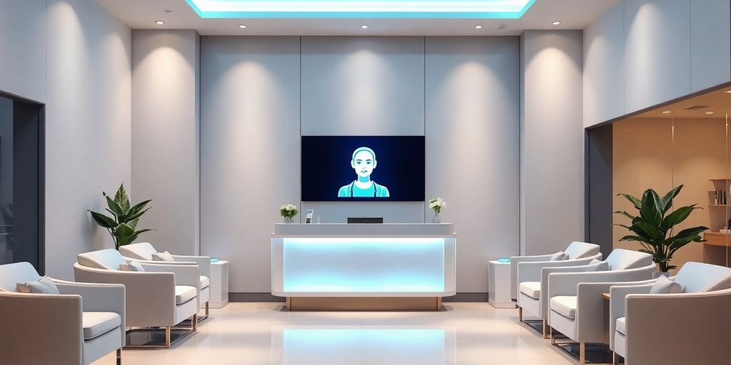 Medspa interior with a smiling virtual receptionist.