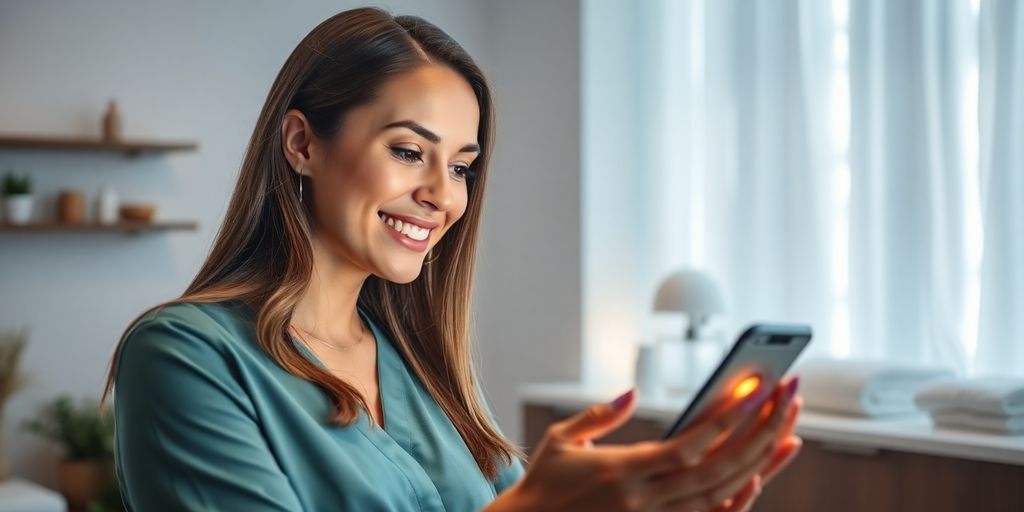 Woman smiling, interacting with a digital interface.