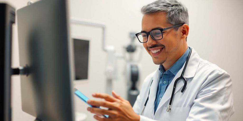 Optometrist interacting with AI interface.