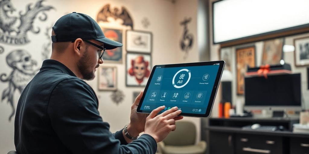 Tattoo artist using a tablet with an AI chatbot.