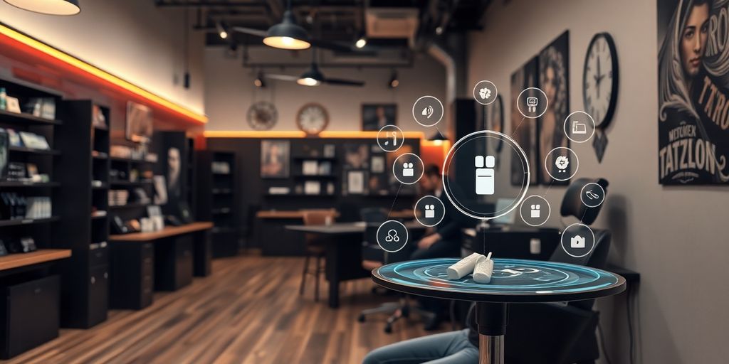 Tattoo artist talking to client with AI interface.