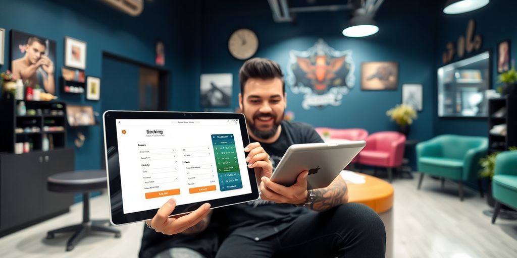 Tattoo artist using a tablet with AI booking interface.