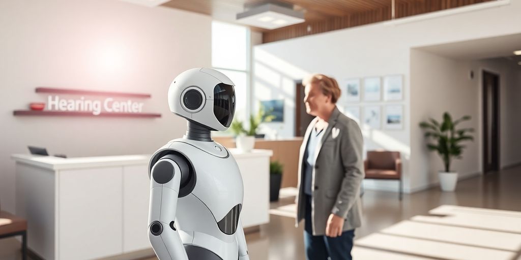Hearing center reception with a friendly AI.