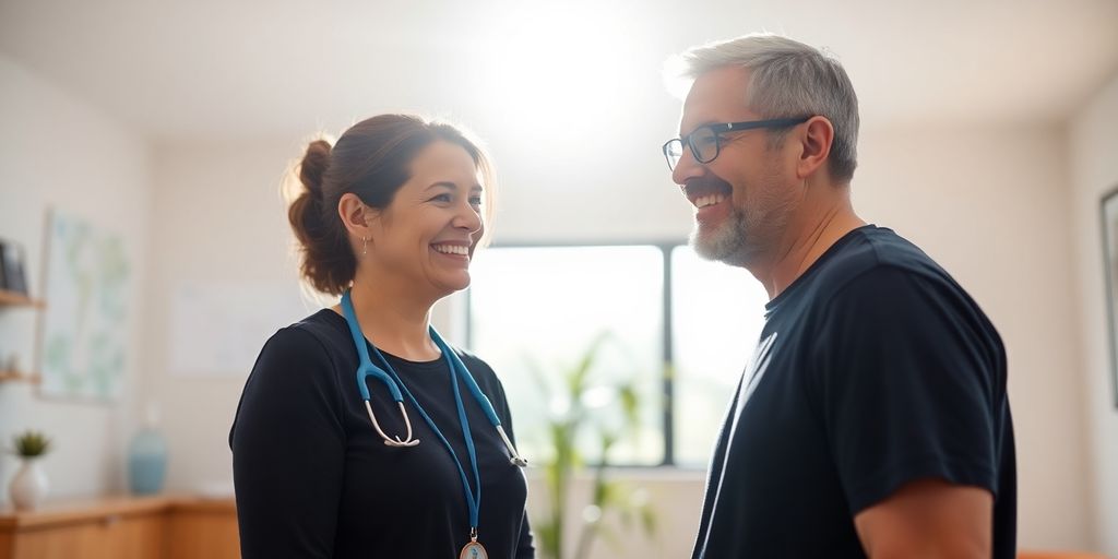 Physiotherapist interacting with a smiling client.