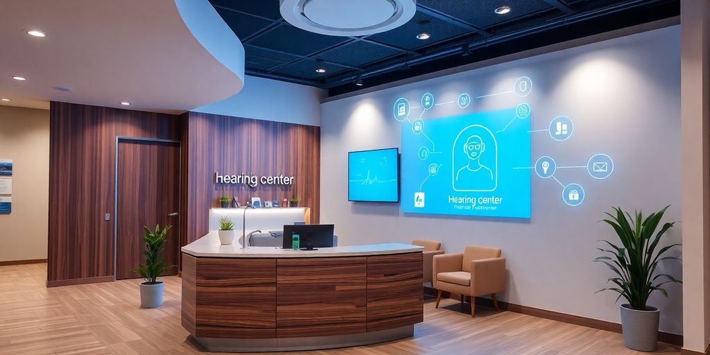 Hearing center reception desk with a friendly AI hologram.